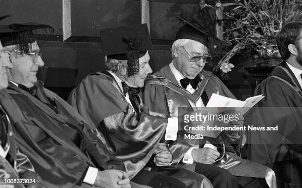 Maureen Potter, Hugh Leonard and Gay Byrne at Trinity College to receive honorary degrees to celebrate the Millennium, circa March 1988 .
