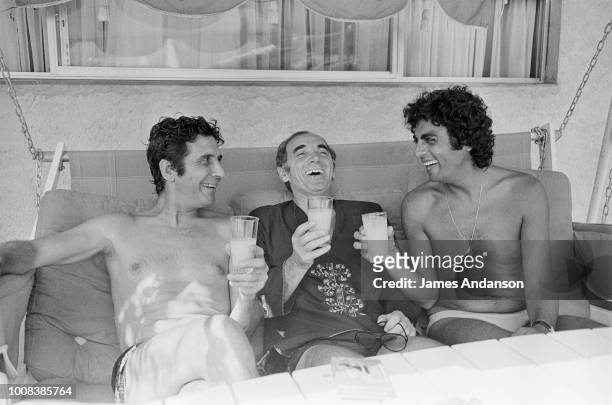 French Singers Gilbert Bécaud, Charles Aznavour and Enrico Macias during their summer holidays in St Tropez, 15th July 1975