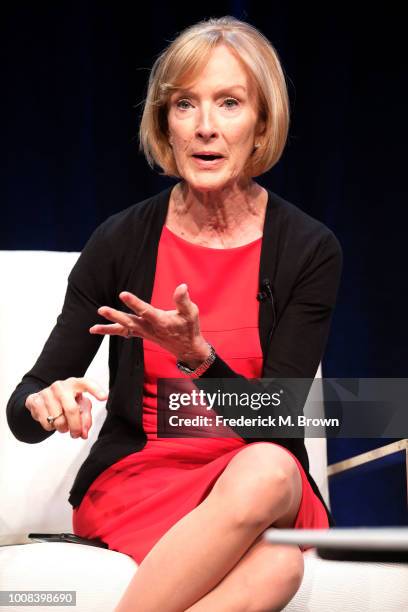 Judy Woodruff of the television show "PBS Newshour" speaks during the PBS segment of the Summer 2018 Television Critics Association Press Tour at the...