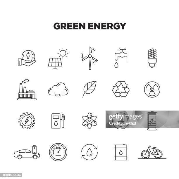 ilustrações, clipart, desenhos animados e ícones de conjunto de ícones de linha de energia verde - usina de energia solar