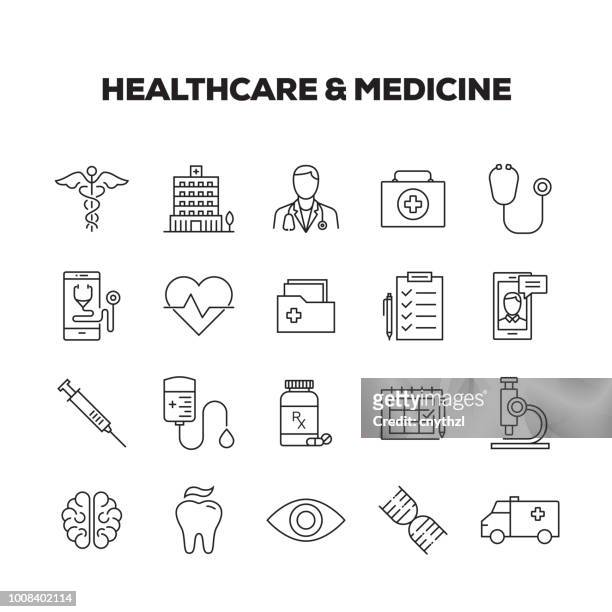illustrazioni stock, clip art, cartoni animati e icone di tendenza di set icone linea healthcare & medicine - colpire
