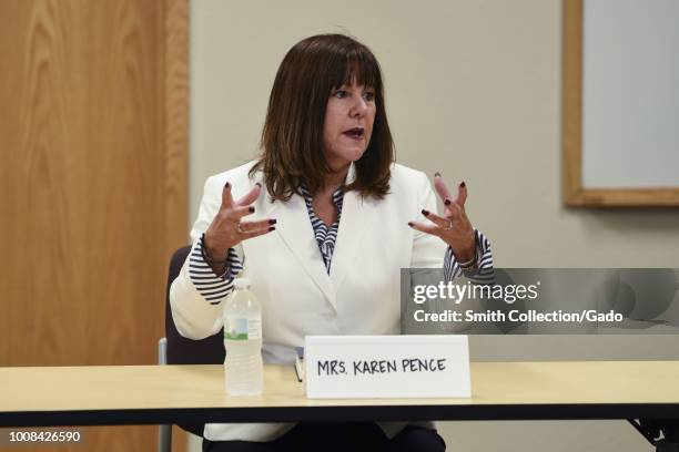 Mrs Karen Pence, the Second Lady of the United States, speaks to military spouses on Grand Forks Air Force Base, North Dakota, July 25, 2018. Image...