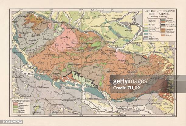 geological map of the harz mountains, germany, lithograph, published 1897 - tertiary period stock illustrations