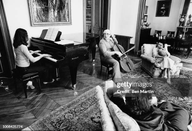 Mstislav Rostropovich And wife, soprano Galina Vishnevskaya, At Home In Paris with two musician daughters, Olga and Elena.