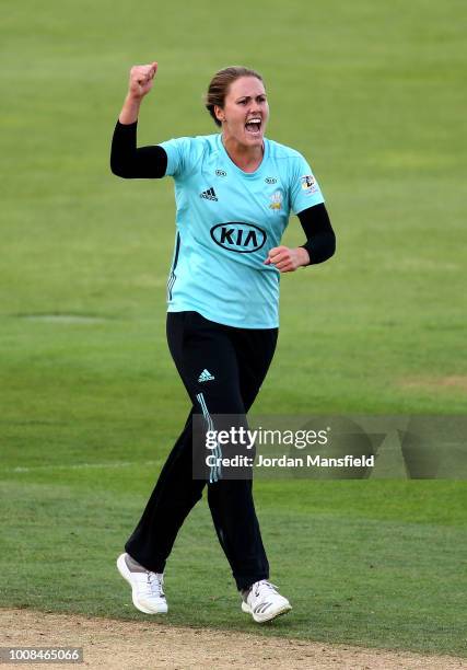 Natalie Sciver of Surrey celebrates dismissing Emma Lamb of Lancashire during the Kia Super League match between Surrey Stars and Lancashire Thunder...
