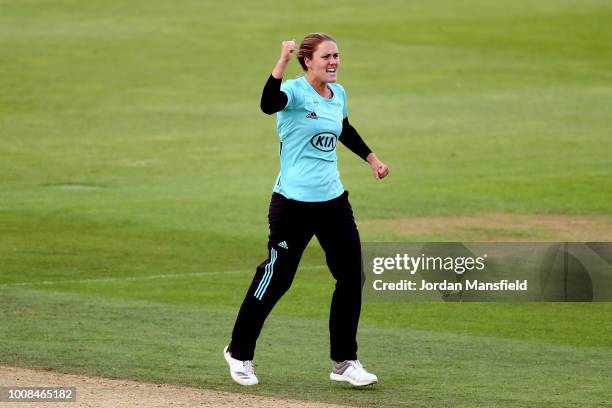 Natalie Sciver of Surrey celebrates dismissing Emma Lamb of Lancashire during the Kia Super League match between Surrey Stars and Lancashire Thunder...