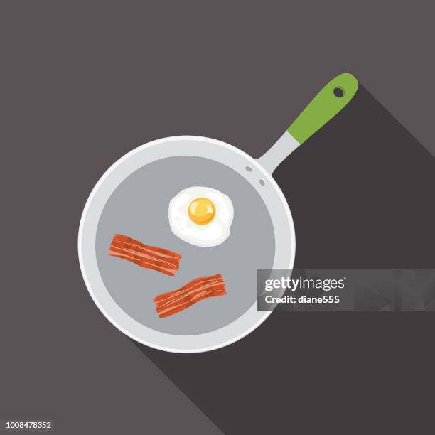 cute breakfast food icons - frying pan with eggs and bacon - bacon in frying pan stock illustrations
