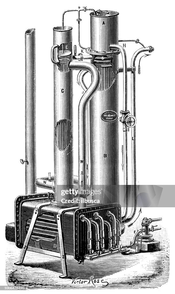 Antique scientific engraving illustration: Pasteurization machine