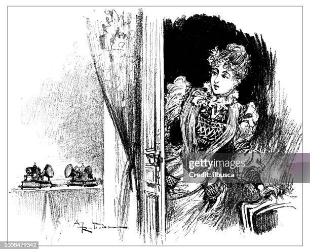 antique scientific engraving illustration: woman entering room - woman entering home stock illustrations