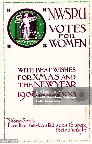 One of several Christmas cards distributed by the English militant organization The National Women's Social and Political Union, featuring woman...