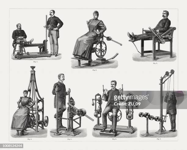 historische geräte zur unterstützung der heilgymnastik, veröffentlicht 1897 - physical therapy stock-grafiken, -clipart, -cartoons und -symbole