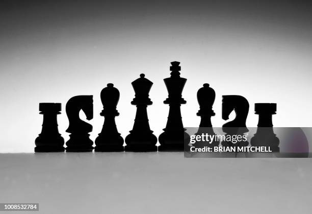 shilouetted chess pieces, black & white, abstract design - läufer-schachfigur stock-fotos und bilder
