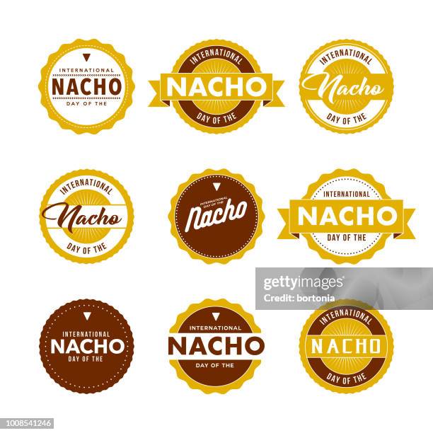 stockillustraties, clipart, cartoons en iconen met internationale dag van de nacho etiketten pictogram instellen - nachos