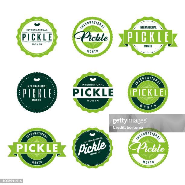 ilustraciones, imágenes clip art, dibujos animados e iconos de stock de mes de salmuera internacional etiquetas conjunto de iconos - pepinillo