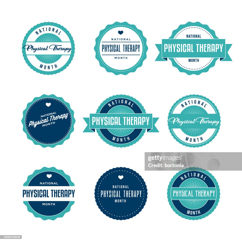 National Physical Therapy Month Labels Icon Set