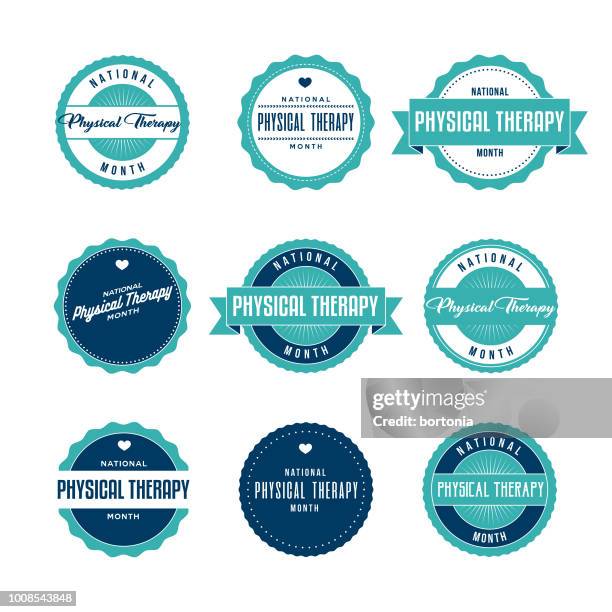 national physical therapy month labels icon set - physiotherapy stock illustrations