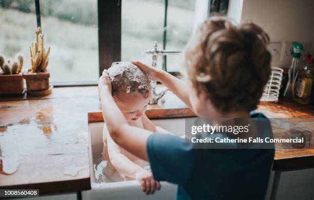 big brother washing sibling's hair - siblings baby stock pictures, royalty-free photos & images