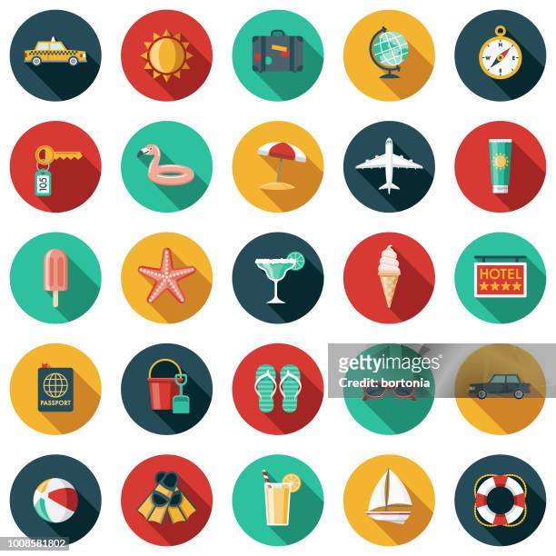 travel & vacation flat design icon set - flat design stock illustrations