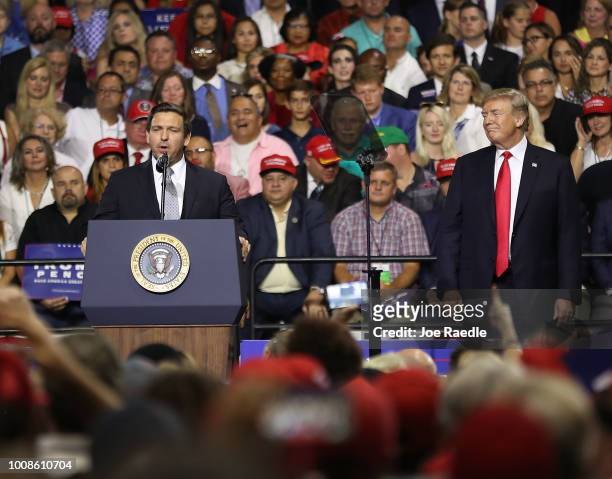 President Donald Trump listens as Florida GOP gubernatorial candidate Ron DeSantis speaks at a Make America Great Again Rally at the Florida State...