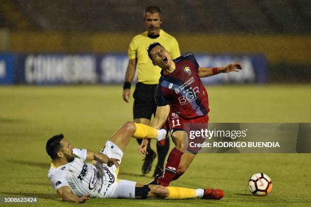 Argentina's Defensa y Justicia player Jonas Gutierrez vies for the ball with Ecuador's El Nacional player Fabert Balda during their Copa Sudamericana...