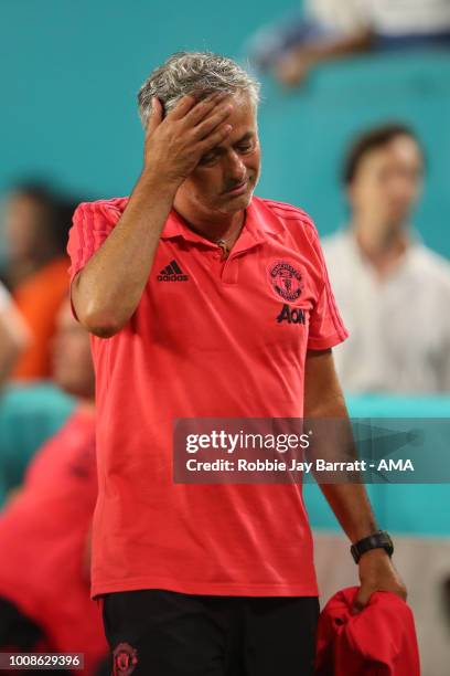 Dejected Jose Mourinho the head coach / manager of Manchester United walks off at full time during the International Champions Cup 2018 fixture...