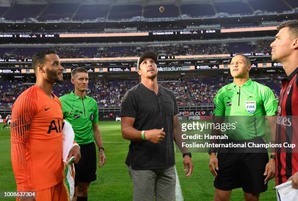Former Minnesota Vikings player Chad Greenway tosses the coin prior to the International Champions Cup 2018 match between Tottenham Hotspur and AC...