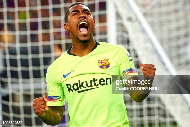 Barcelona's Malcom Silva celebrates after scoring a goal during the International Champions Cup friendly football match between AS Roma and FC...