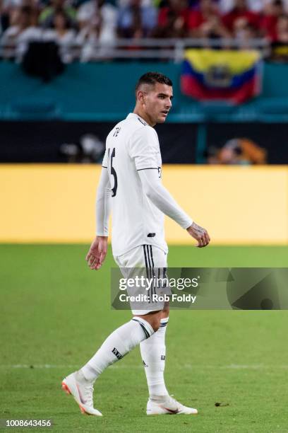 Theo Hernandez of Real Madrid looks on during the International Champions Cup match against Manchester United at Hard Rock Stadium on July 31, 2018...