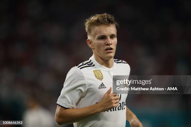 Martin Odegaard of Real Madrid during the International Champions Cup 2018 fixture between Manchester United v Real Madrid at Hard Rock Stadium on...