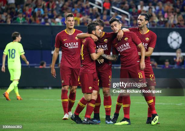 Roma celebrates the goal by Alessandro Florenzi against Barcelona in the second half of a soccer match at AT&T Stadium on July 31, 2018 in Arlington,...