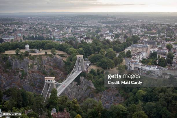 The Clifton Suspension Bridge is pictured at a preview flight to launch next week's Bristol International Balloon Fiesta on August 1, 2018 in...