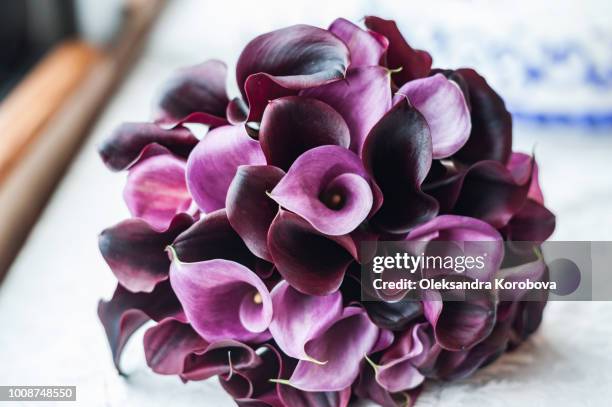 bridal bouquet made up of dark purple or plum calla lilies. - lily bouquet stock pictures, royalty-free photos & images