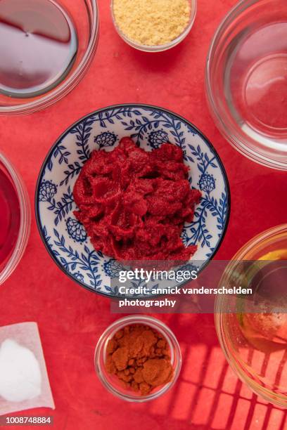 caramelized ketchup mise en place - tomato paste stock pictures, royalty-free photos & images