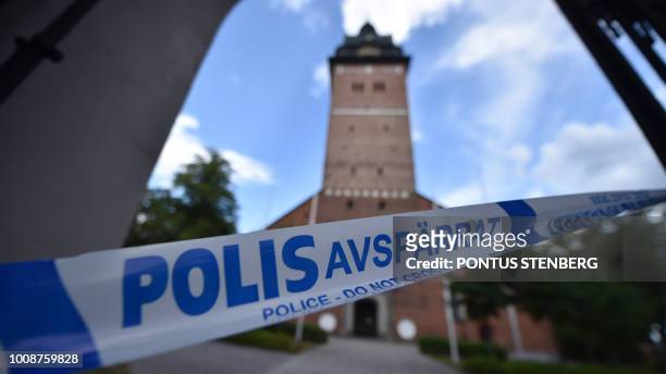 Picture taken on July 31, 2018 shows a cordoned zone as Swedish police investigates after Swedens royal jewels dated from the 17th century have been...