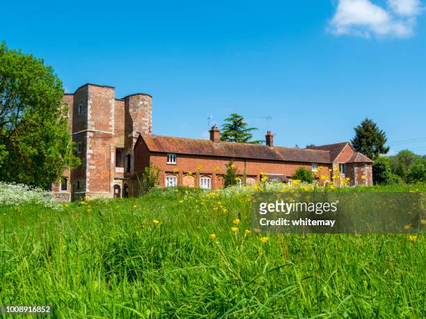 buttercup meadow with the ruins of the archbishop's palace in otford, kent - palace stock pictures, royalty-free photos & images