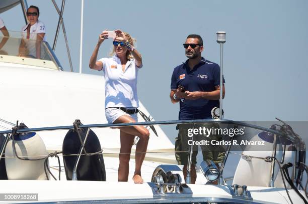 Singers Carolina Cerezuela and Jaume Anglada on board of Elecon attend the 37th Copa del Rey Mapfre Sailing Cup on August 1, 2018 in Palma de...