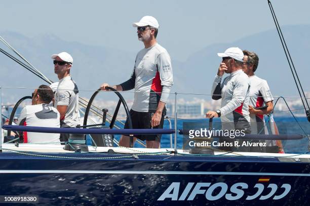 King Felipe VI of Spain compites on board of the Aifos during the 37th Copa del Rey Mapfre Sailing Cup on August 1, 2018 in Palma de Mallorca, Spain.