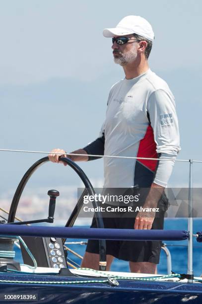 King Felipe VI of Spain compites on board of the Aifos during the 37th Copa del Rey Mapfre Sailing Cup on August 1, 2018 in Palma de Mallorca, Spain.