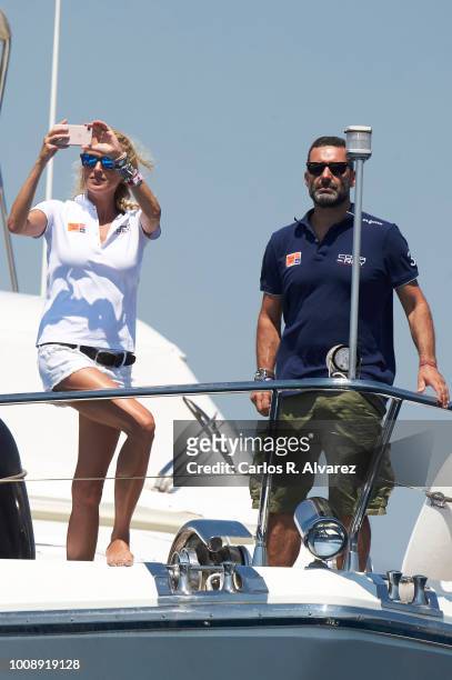 Singers Carolina Cerezuela and Jaume Anglada on board of the Elecon attend the 37th Copa del Rey Mapfre Sailing Cup on August 1, 2018 in Palma de...