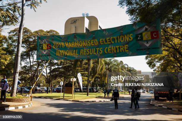 Photo taken on August 1, 2018 shows the Rainbow Towers Hotel which Zimbabwean police have barricaded with water canons the entrance to where the...