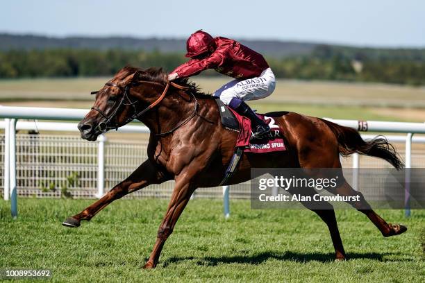 Oisin Murphy riding Lightning Spear wins The Qatar Sussex Stakes at Goodwood Racecourse on August 1, 2018 in Chichester, United Kingdom.