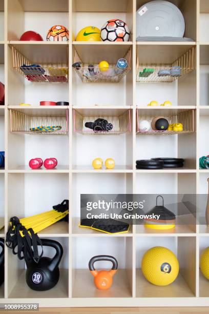 May 25: Shelf with sports equipment in a physiotherapy practice on May 25, 2018 in BONN, GERMANY.