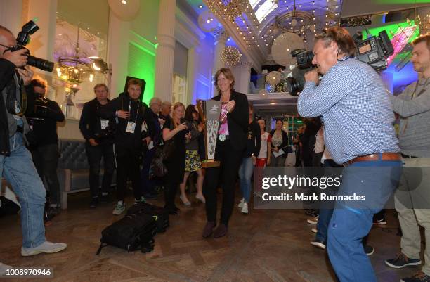 Former British rower Dame Katherine Grainger DBE unveils the European Championships Glasgow 2018 trophy at a media event during previews for the...