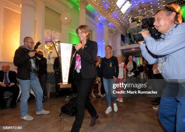 Former British rower Dame Katherine Grainger DBE unveils the European Championships Glasgow 2018 trophy at a media event during previews for the...