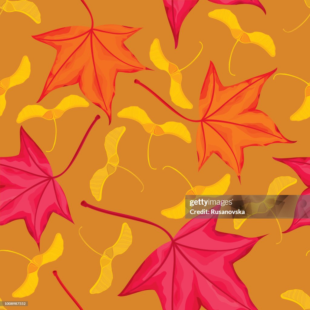 Maple leaves and seeds seamless pattern