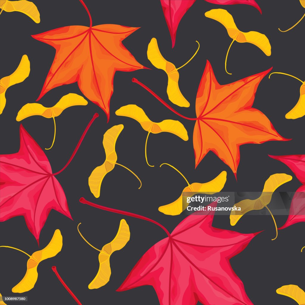 Maple leaves and seeds seamless pattern