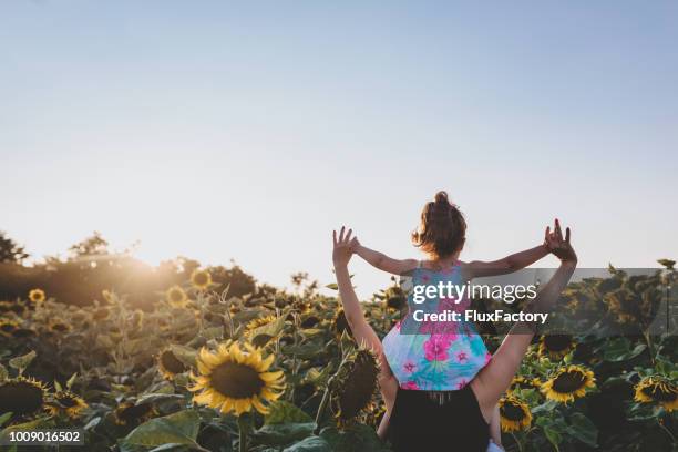 mutter und tochter umarmt natur um sie herum - sunflowers stock-fotos und bilder