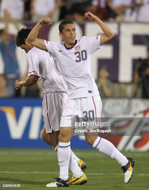 Herculez Gomez of the United States celebrates against the Czech Republic at Rentschler Field on May 25, 2010 in East Hartford, Connecticut.