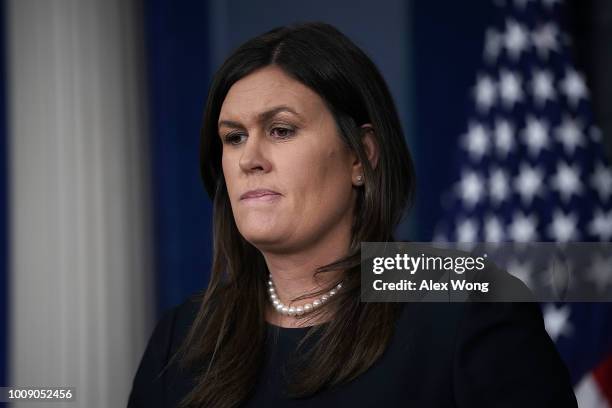 White House Press Secretary Sarah Sanders pauses during a White House daily news briefing at the James Brady Press Briefing Room of the White House...