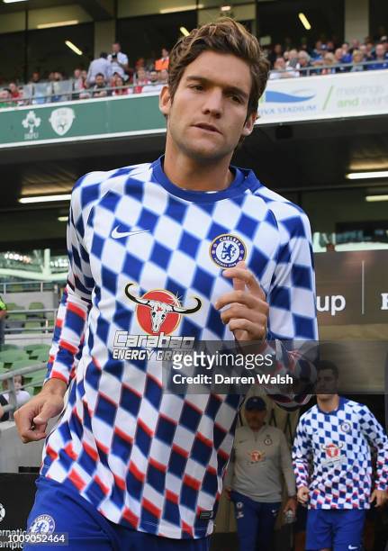 Marcos Alonso of Chelsea warms up prior to the International Champions Cup 2018 match between Arsenal and Chelsea at the Aviva Stadium on August 1,...